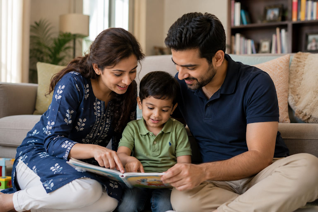 Child reading with father and mother (avoid using mobile screens) Child reading with father and mother (avoid using mobile screens)
