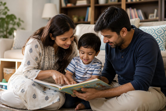 Child reading with parents (avoid using mobile screens) Child reading with parents (avoid using mobile screens)
